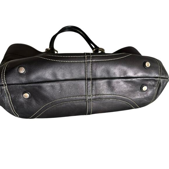 Coach Large Black Leather Shoulder Tote Bag Silver Hardware White Stitching - Picture 4 of 12